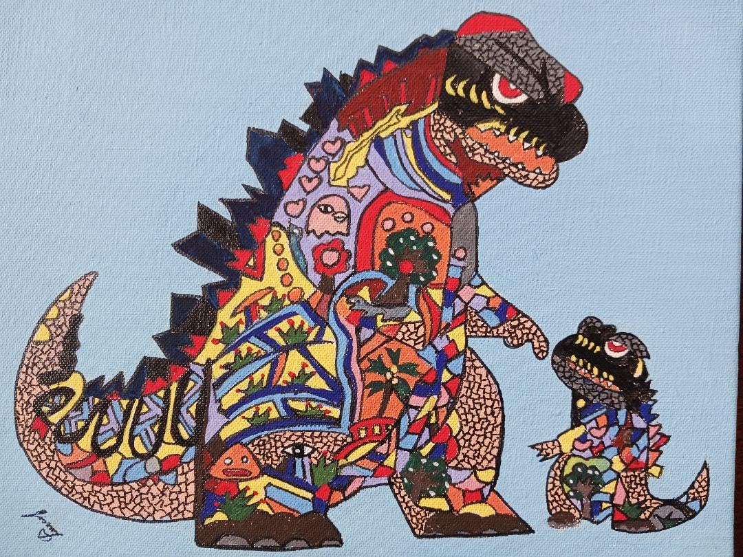 ジミー大西　　ゴジラ　裏サインあり SALE【F10号】ジミー大西（ゴジラ）手描き/表裏サイン有り/油彩/高級
